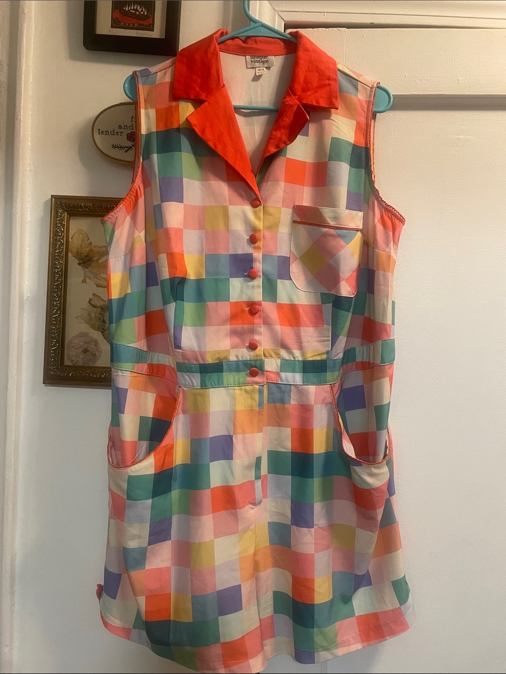 Vintage-Inspired Multicolor Check Sleeveless Romper with Pockets
